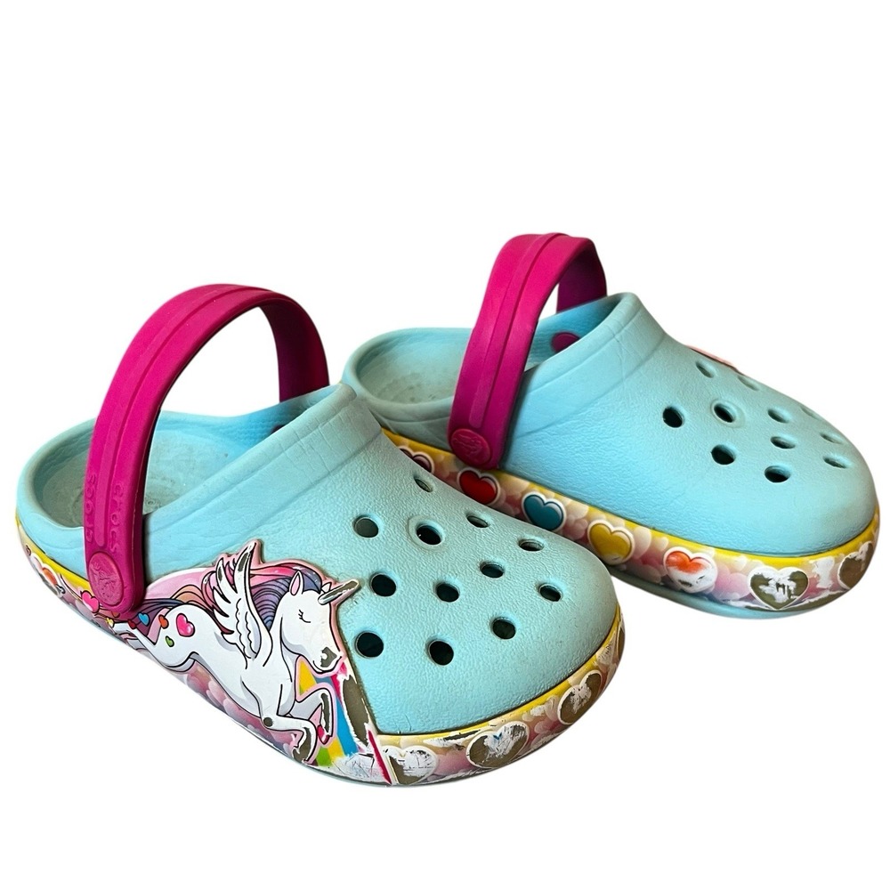 Crocs Slip On Shoes Toddler Unisex Size C7 Mint Pink Rainbow Unicorn Sling Back